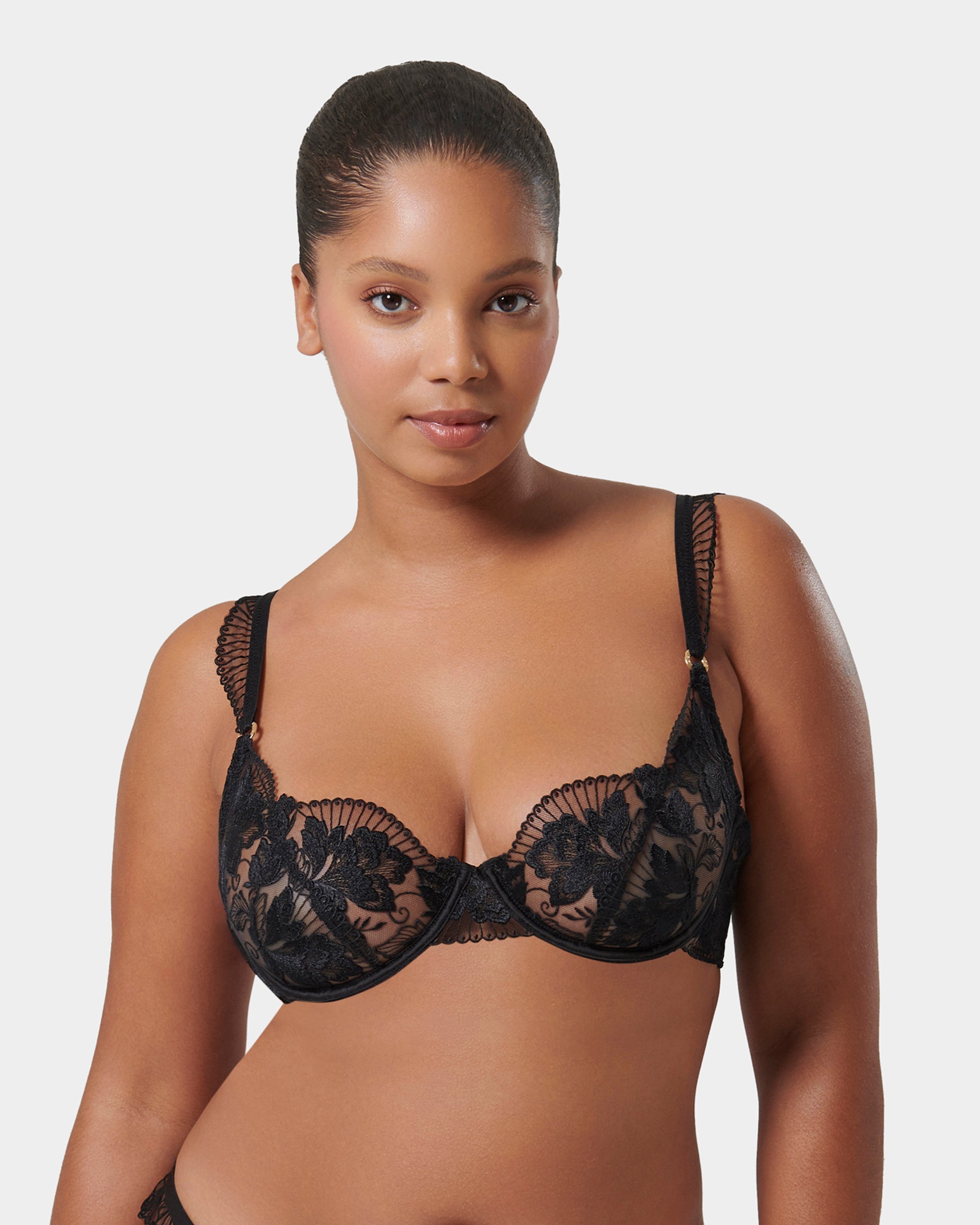 Gabriella Floral Embroidered Bra Black