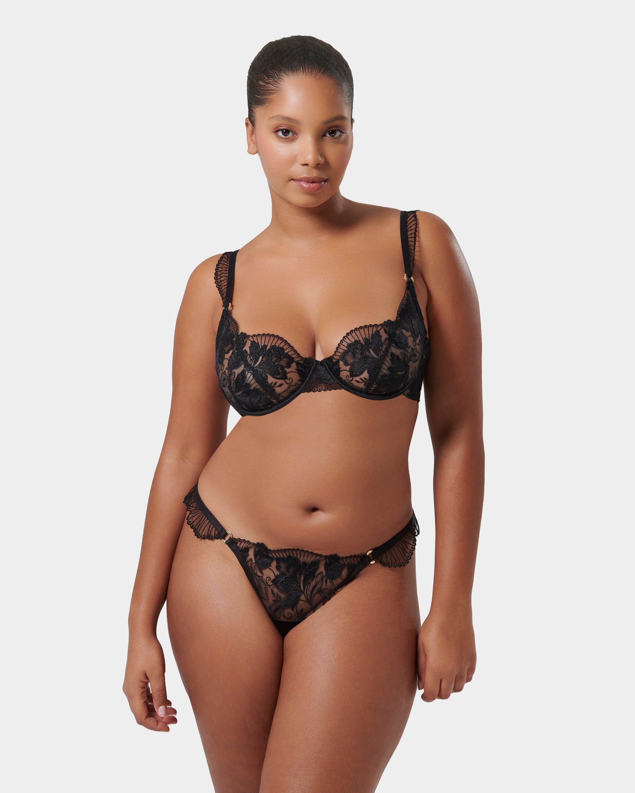 Gabriella Floral Embroidered Thong Black