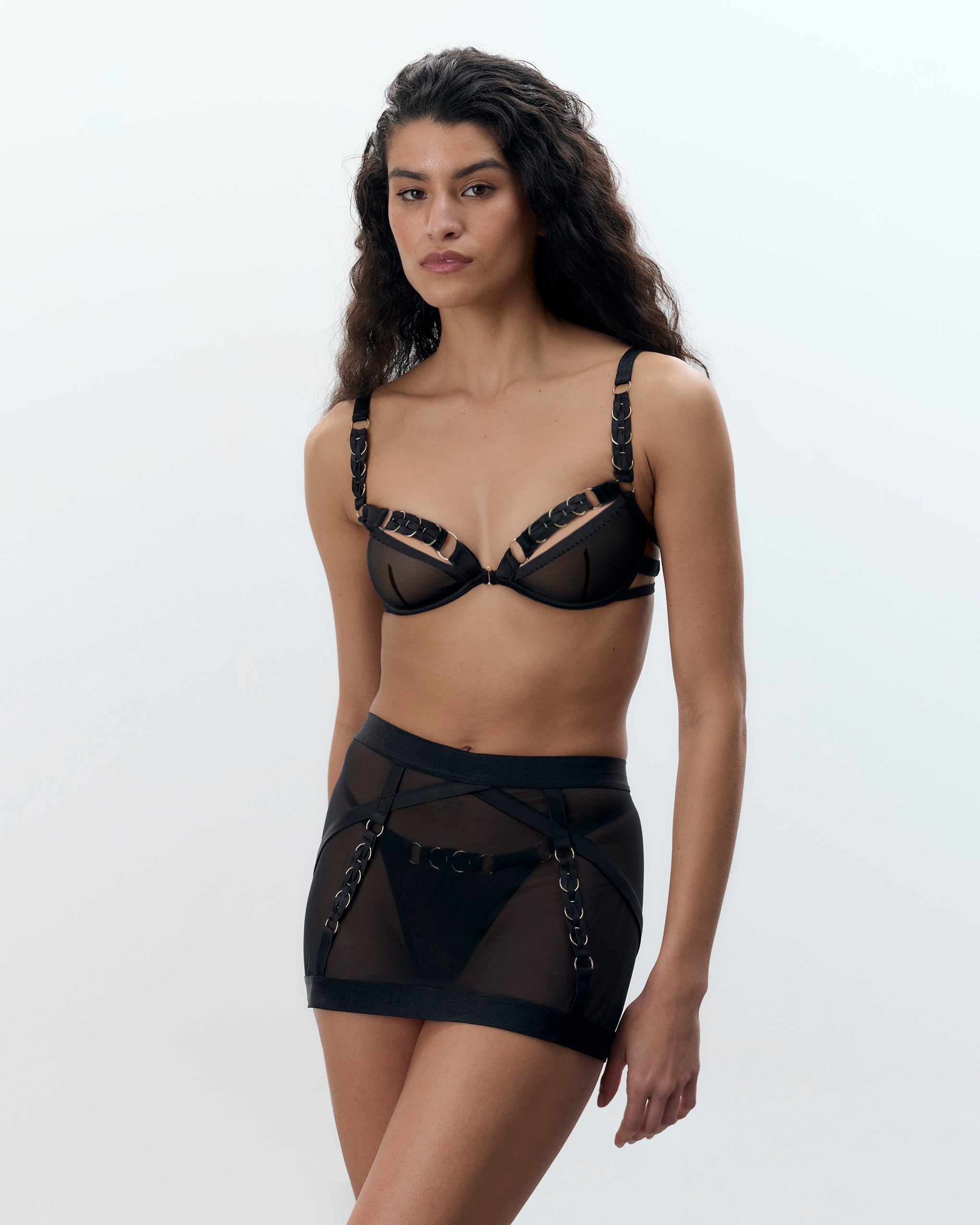 Suri Mesh Open-Back Skirt Black